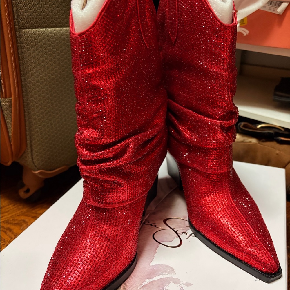 Jessica Simpson Red Sequin Heeled Boots